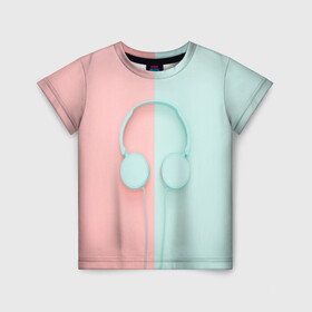 Детская футболка 3D с принтом Музыкальное настроение в Санкт-Петербурге, 100% гипоаллергенный полиэфир | прямой крой, круглый вырез горловины, длина до линии бедер, чуть спущенное плечо, ткань немного тянется | гарнитура | голубое | музыка | музыкальное настроение | наушники | половины | розовое