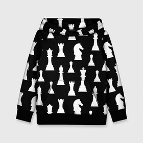 Детская толстовка 3D с принтом Белые шахматные фигуры в Санкт-Петербурге, 100% полиэстер | двухслойный капюшон со шнурком для регулировки, мягкие манжеты на рукавах и по низу толстовки, спереди карман-кенгуру с мягким внутренним слоем | checkmate | chess | chess board | chess game | chess pieces | chess player | chessboard | gambit | game | king | pawn | queen | гамбит | игра | король | мат | партия | ферзь | фигуры | шахматист | шахматы