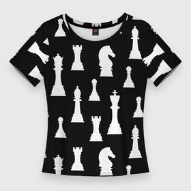 Женская футболка 3D Slim с принтом Белые шахматные фигуры в Санкт-Петербурге,  |  | checkmate | chess | chess board | chess game | chess pieces | chess player | chessboard | gambit | game | king | pawn | queen | гамбит | игра | король | мат | партия | ферзь | фигуры | шахматист | шахматы