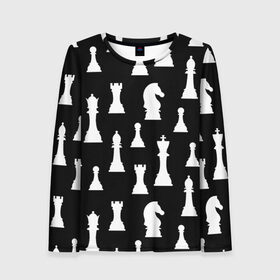 Женский лонгслив 3D с принтом Белые шахматные фигуры в Санкт-Петербурге, 100% полиэстер | длинные рукава, круглый вырез горловины, полуприлегающий силуэт | checkmate | chess | chess board | chess game | chess pieces | chess player | chessboard | gambit | game | king | pawn | queen | гамбит | игра | король | мат | партия | ферзь | фигуры | шахматист | шахматы