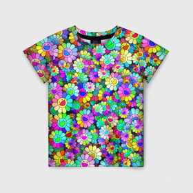 Детская футболка 3D с принтом Rainbow flowers в Санкт-Петербурге, 100% гипоаллергенный полиэфир | прямой крой, круглый вырез горловины, длина до линии бедер, чуть спущенное плечо, ткань немного тянется | Тематика изображения на принте: takashi murakami | паттерн | радуга | смайл | такаси мураками | улыбка | цветы