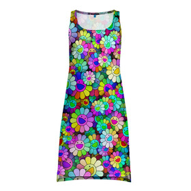 Платье-майка 3D с принтом Rainbow flowers в Санкт-Петербурге, 100% полиэстер | полуприлегающий силуэт, широкие бретели, круглый вырез горловины, удлиненный подол сзади. | takashi murakami | паттерн | радуга | смайл | такаси мураками | улыбка | цветы