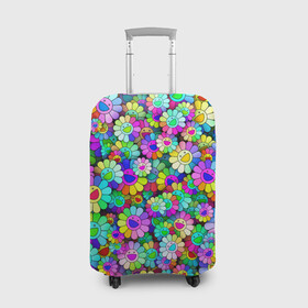 Чехол для чемодана 3D с принтом Rainbow flowers в Санкт-Петербурге, 86% полиэфир, 14% спандекс | двустороннее нанесение принта, прорези для ручек и колес | takashi murakami | паттерн | радуга | смайл | такаси мураками | улыбка | цветы