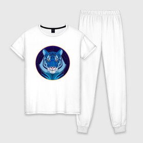 Женская пижама хлопок с принтом Голубой водяной тигр символ 2022 года в Санкт-Петербурге, 100% хлопок | брюки и футболка прямого кроя, без карманов, на брюках мягкая резинка на поясе и по низу штанин | 2022 | водяной | год | гороскоп | китайский | символ | талисман | тигр