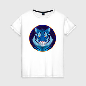 Женская футболка хлопок с принтом Голубой водяной тигр символ 2022 года в Санкт-Петербурге, 100% хлопок | прямой крой, круглый вырез горловины, длина до линии бедер, слегка спущенное плечо | 2022 | водяной | год | гороскоп | китайский | символ | талисман | тигр