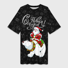 Платье-футболка 3D с принтом Санта Клаус на белом медведе в Санкт-Петербурге,  |  | bells | christmas | gifts | jingle bells | new year | polar bear | riding | santa claus | snowflakes | белый медведь | бубенцы | верхом | дед мороз | колокольчики | новый год | подарки | рождество | санта клаус | снежинки