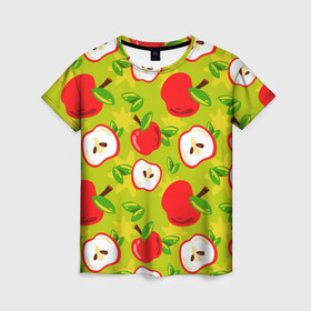 Женская футболка 3D с принтом Яблочки паттерн в Санкт-Петербурге, 100% полиэфир ( синтетическое хлопкоподобное полотно) | прямой крой, круглый вырез горловины, длина до линии бедер | apple | яблоки | яблоко | яблоня | яблочки