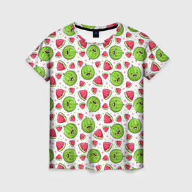 Женская футболка 3D с принтом Арбузы много арбузов! в Санкт-Петербурге, 100% полиэфир ( синтетическое хлопкоподобное полотно) | прямой крой, круглый вырез горловины, длина до линии бедер | арбуз | арбузы | витамина | лето | паттерн | фрукты