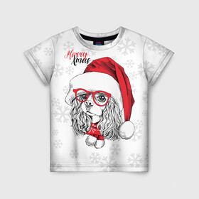 Детская футболка 3D с принтом Happy Christmas кокер спаниель в Санкт-Петербурге, 100% гипоаллергенный полиэфир | прямой крой, круглый вырез горловины, длина до линии бедер, чуть спущенное плечо, ткань немного тянется | Тематика изображения на принте: american | cap | christmas | cocker spaniel | happy christmas | knitted scarf | new year | purebred dog | red | santa claus | snowflakes | американский | вязаный шарф | кокер спаниель | колпак | красные | новый год | очки | породистая собака | р