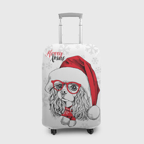 Чехол для чемодана 3D с принтом Happy Christmas кокер спаниель в Санкт-Петербурге, 86% полиэфир, 14% спандекс | двустороннее нанесение принта, прорези для ручек и колес | american | cap | christmas | cocker spaniel | happy christmas | knitted scarf | new year | purebred dog | red | santa claus | snowflakes | американский | вязаный шарф | кокер спаниель | колпак | красные | новый год | очки | породистая собака | р