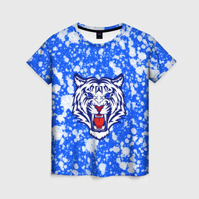 Женская футболка 3D с принтом БЕЛЫЙ ТИГР_2022 в Санкт-Петербурге, 100% полиэфир ( синтетическое хлопкоподобное полотно) | прямой крой, круглый вырез горловины, длина до линии бедер | Тематика изображения на принте: 2022 | белый тигр | большие кошки | год тигра | кляксы | новогодний | символ года | тигр | хищник