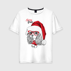 Женская футболка хлопок Oversize с принтом Happy Christmas американский кокер спаниель в Санкт-Петербурге, 100% хлопок | свободный крой, круглый ворот, спущенный рукав, длина до линии бедер
 | american | cap | christmas | cocker spaniel | happy christmas | knitted scarf | new year | purebred dog | red | santa claus | snowflakes | американский | вязаный шарф | кокер спаниель | колпак | красные | новый год | очки | породистая собака | р