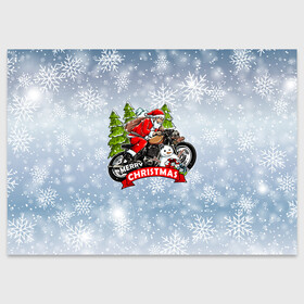 Поздравительная открытка с принтом Санта Байкер Santa on the motorbike в Санкт-Петербурге, 100% бумага | плотность бумаги 280 г/м2, матовая, на обратной стороне линовка и место для марки
 | bike | christmas | moto | santa | байк | дед мороз | елка | зима | мотоцикл | новый год | подарок | рождество | санта | снег | снеговик | снежинка