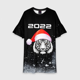 Детское платье 3D с принтом Новогодний тигр 2022. в Санкт-Петербурге, 100% полиэстер | прямой силуэт, чуть расширенный к низу. Круглая горловина, на рукавах — воланы | 2022 | happy new year | merry christmas | год тигра | зима близко | нг | новогодний | новогодний тигр | новогодняя символика | новый год | новый год 2022 | рождество | символ 2022 года | снег | снежинки | тигр