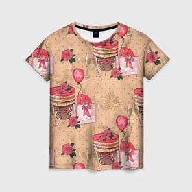 Женская футболка 3D с принтом Праздничное настроение - сюрприз в Санкт-Петербурге, 100% полиэфир ( синтетическое хлопкоподобное полотно) | прямой крой, круглый вырез горловины, длина до линии бедер | день рождения | коробки | новый год | подарки | праздник | сюрприз | шампанское