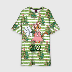 Детское платье 3D с принтом Милая тигрица с цветком в Санкт-Петербурге, 100% полиэстер | прямой силуэт, чуть расширенный к низу. Круглая горловина, на рукавах — воланы | 2022 | год тигра | новый год | новый год 2022 | символ года | тигр | тигренок | тигрица | тигры