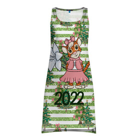 Платье-майка 3D с принтом Милая тигрица с цветком в Санкт-Петербурге, 100% полиэстер | полуприлегающий силуэт, широкие бретели, круглый вырез горловины, удлиненный подол сзади. | 2022 | год тигра | новый год | новый год 2022 | символ года | тигр | тигренок | тигрица | тигры