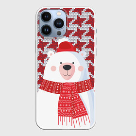 Чехол для iPhone 13 Pro Max с принтом Белый мишка в шапочке и шарфе в Санкт-Петербурге,  |  | Тематика изображения на принте: белый медведь | гусиная лапка | животное | зима | медведь | новый год | узор