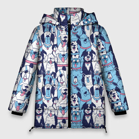 Женская зимняя куртка Oversize с принтом Забавные Пёсели паттерн Funny Dogs pattern в Санкт-Петербурге, верх — 100% полиэстер; подкладка — 100% полиэстер; утеплитель — 100% полиэстер | длина ниже бедра, силуэт Оверсайз. Есть воротник-стойка, отстегивающийся капюшон и ветрозащитная планка. 

Боковые карманы с листочкой на кнопках и внутренний карман на молнии | Тематика изображения на принте: dog | бульдог | далматинец | йорк | мопс | песик | порода | смешной | собака