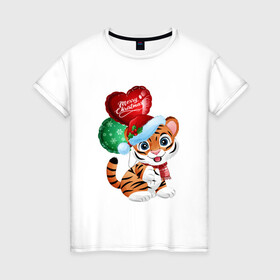 Женская футболка хлопок с принтом Тигрин шарик в Санкт-Петербурге, 100% хлопок | прямой крой, круглый вырез горловины, длина до линии бедер, слегка спущенное плечо | new year | арт | графика | зима | новый год | рождество
