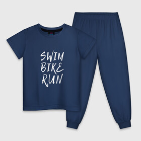 Детская пижама хлопок с принтом SWIM BIKE RUN в Санкт-Петербурге, 100% хлопок |  брюки и футболка прямого кроя, без карманов, на брюках мягкая резинка на поясе и по низу штанин
 | Тематика изображения на принте: bike | run | running | swim | бег | велоспорт | выносливость | плавание | триатлон | цикличные