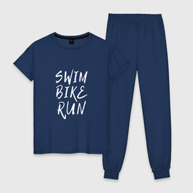 Женская пижама хлопок с принтом SWIM BIKE RUN в Санкт-Петербурге, 100% хлопок | брюки и футболка прямого кроя, без карманов, на брюках мягкая резинка на поясе и по низу штанин | bike | run | running | swim | бег | велоспорт | выносливость | плавание | триатлон | цикличные
