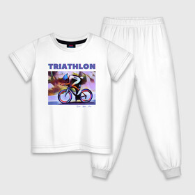 Детская пижама хлопок с принтом Триспорт в Санкт-Петербурге, 100% хлопок |  брюки и футболка прямого кроя, без карманов, на брюках мягкая резинка на поясе и по низу штанин
 | Тематика изображения на принте: bike | run | swim | triathlon | triatlon | бег | велогонщик | велоспорт | выносливость | картина | краска | плавание | триатлон