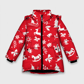 Зимняя куртка для девочек 3D с принтом Паттерн новогодней атрибутики в Санкт-Петербурге, ткань верха — 100% полиэстер; подклад — 100% полиэстер, утеплитель — 100% полиэстер. | длина ниже бедра, удлиненная спинка, воротник стойка и отстегивающийся капюшон. Есть боковые карманы с листочкой на кнопках, утяжки по низу изделия и внутренний карман на молнии. 

Предусмотрены светоотражающий принт на спинке, радужный светоотражающий элемент на пуллере молнии и на резинке для утяжки. | 2022 | newyear | новыйгод | праздник | праздники