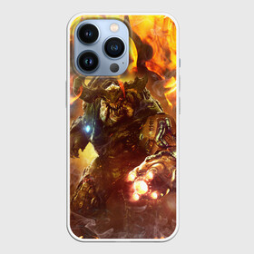 Чехол для iPhone 13 Pro с принтом CYBER DEMON IN FIRE | DOOM BOSS в Санкт-Петербурге,  |  | bos | boss | cyber demon | cyberdemon | demons | devil | doom | doom eternal | doom slayer | fire | hell | in fire | slayer | ад | бос | босс | демон | демоны | дум | кибер демон | кибердемон