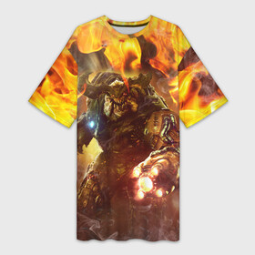 Платье-футболка 3D с принтом CYBER DEMON IN FIRE  DOOM BOSS в Санкт-Петербурге,  |  | bos | boss | cyber demon | cyberdemon | demons | devil | doom | doom eternal | doom slayer | fire | hell | in fire | slayer | ад | бос | босс | демон | демоны | дум | кибер демон | кибердемон