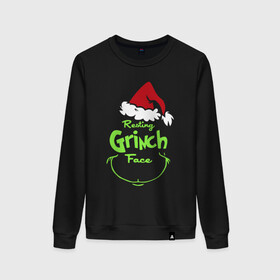 Женский свитшот хлопок с принтом Resting Grinch Face. в Санкт-Петербурге, 100% хлопок | прямой крой, круглый вырез, на манжетах и по низу широкая трикотажная резинка  | Тематика изображения на принте: 2022 | grinch | happy new year | merry christmas | год тигра | гринч | зима близко | нг | новогодний | новый год | новый год 2022 | рождество | снег | снежинки