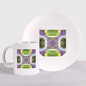 Набор: тарелка + кружка с принтом Коллекция Фрактальная мозаика. Фиолетово-зеленый. Квадрат. в Санкт-Петербурге, керамика | Кружка: объем — 330 мл, диаметр — 80 мм. Принт наносится на бока кружки, можно сделать два разных изображения. 
Тарелка: диаметр - 210 мм, диаметр для нанесения принта - 120 мм. | abstraction | fractal | green | mosaic | pattern | purple | yellow | абстракция | желтый | зеленый | мозайка | на витрину | узор | фиолетовый | фрактал