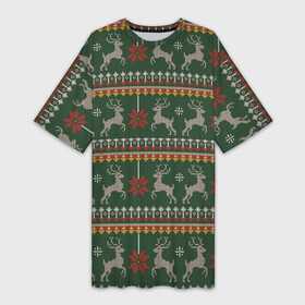 Платье-футболка 3D с принтом Новогодний свитер c оленями 1 в Санкт-Петербурге,  |  | 2022 | зима | новогодний | олени | свитер