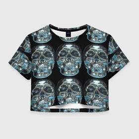 Женская футболка Crop-top 3D с принтом Skulls pattern 2028 в Санкт-Петербурге, 100% полиэстер | круглая горловина, длина футболки до линии талии, рукава с отворотами | fashion | future | pattern | skull | vanguard | авангард | будущее | мода | стекло | узор | череп