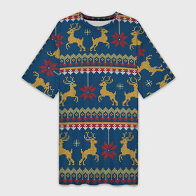 Платье-футболка 3D с принтом Новогодний свитер c оленями 3 в Санкт-Петербурге,  |  | 2022 | год | зима | новогодний | новый | олени | праздник | свитер | узор