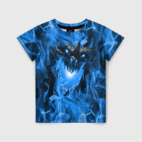 Детская футболка 3D с принтом Дракон в синем пламени Dragon in blue flame в Санкт-Петербурге, 100% гипоаллергенный полиэфир | прямой крой, круглый вырез горловины, длина до линии бедер, чуть спущенное плечо, ткань немного тянется | Тематика изображения на принте: dragon | дракон | миф | монстр | огонь | пламя | фэнтези