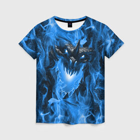 Женская футболка 3D с принтом Дракон в синем пламени Dragon in blue flame в Санкт-Петербурге, 100% полиэфир ( синтетическое хлопкоподобное полотно) | прямой крой, круглый вырез горловины, длина до линии бедер | dragon | дракон | миф | монстр | огонь | пламя | фэнтези