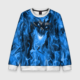 Детский свитшот 3D с принтом Дракон в синем пламени Dragon in blue flame в Санкт-Петербурге, 100% полиэстер | свободная посадка, прямой крой, мягкая тканевая резинка на рукавах и понизу свитшота | Тематика изображения на принте: dragon | дракон | миф | монстр | огонь | пламя | фэнтези
