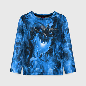 Детский лонгслив 3D с принтом Дракон в синем пламени Dragon in blue flame в Санкт-Петербурге, 100% полиэстер | длинные рукава, круглый вырез горловины, полуприлегающий силуэт
 | Тематика изображения на принте: dragon | дракон | миф | монстр | огонь | пламя | фэнтези