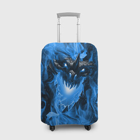 Чехол для чемодана 3D с принтом Дракон в синем пламени Dragon in blue flame в Санкт-Петербурге, 86% полиэфир, 14% спандекс | двустороннее нанесение принта, прорези для ручек и колес | Тематика изображения на принте: dragon | дракон | миф | монстр | огонь | пламя | фэнтези