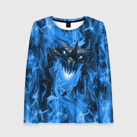 Женский лонгслив 3D с принтом Дракон в синем пламени Dragon in blue flame в Санкт-Петербурге, 100% полиэстер | длинные рукава, круглый вырез горловины, полуприлегающий силуэт | Тематика изображения на принте: dragon | дракон | миф | монстр | огонь | пламя | фэнтези
