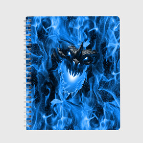 Тетрадь с принтом Дракон в синем пламени Dragon in blue flame в Санкт-Петербурге, 100% бумага | 48 листов, плотность листов — 60 г/м2, плотность картонной обложки — 250 г/м2. Листы скреплены сбоку удобной пружинной спиралью. Уголки страниц и обложки скругленные. Цвет линий — светло-серый
 | Тематика изображения на принте: dragon | дракон | миф | монстр | огонь | пламя | фэнтези