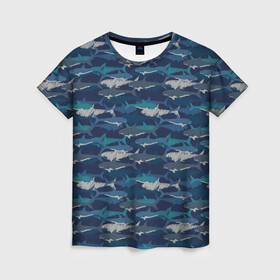 Женская футболка 3D с принтом Хищные Акулы в Санкт-Петербурге, 100% полиэфир ( синтетическое хлопкоподобное полотно) | прямой крой, круглый вырез горловины, длина до линии бедер | fish | ocean | predator | shark | white shark | акула | белая акула | зубы | море | морской хищник | океан | рыба | хищная рыба | хищник