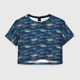Женская футболка Crop-top 3D с принтом Хищные Акулы в Санкт-Петербурге, 100% полиэстер | круглая горловина, длина футболки до линии талии, рукава с отворотами | fish | ocean | predator | shark | white shark | акула | белая акула | зубы | море | морской хищник | океан | рыба | хищная рыба | хищник