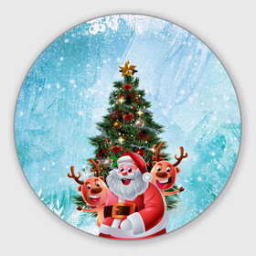 Круглый коврик для мышки с принтом Санта и олени в Санкт-Петербурге, резина и полиэстер | круглая форма, изображение наносится на всю лицевую часть | new year | арт | графика | дед мороз | елка | зима | новый год | олени | рождество | санта