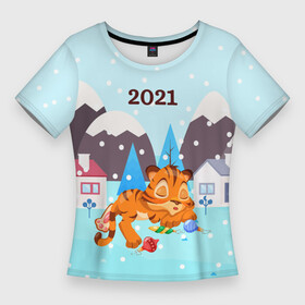 Женская футболка 3D Slim с принтом Спящий тигренок в ожидании нового года в Санкт-Петербурге,  |  | 2022 | год тигра | новый год | новый год 2022 | символ года | тигр | тигренок | тигрица | тигры