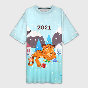 Платье-футболка 3D с принтом Спящий тигренок в ожидании нового года в Санкт-Петербурге,  |  | 2022 | год тигра | новый год | новый год 2022 | символ года | тигр | тигренок | тигрица | тигры