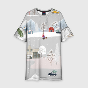 Детское платье 3D с принтом Нoвoгодние Праздники продолжаются 2022 в Санкт-Петербурге, 100% полиэстер | прямой силуэт, чуть расширенный к низу. Круглая горловина, на рукавах — воланы | Тематика изображения на принте: 2022 | год | дома | елки | зима | каникулы | новый | праздник | радость | рождество | санки | снег | снеговик | снежки