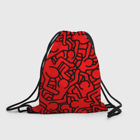 Рюкзак-мешок 3D с принтом Челопаззл в Санкт-Петербурге, 100% полиэстер | плотность ткани — 200 г/м2, размер — 35 х 45 см; лямки — толстые шнурки, застежка на шнуровке, без карманов и подкладки | абстракция | красный | пестрый | пиктограмма | человечки