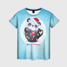 Женская футболка 3D с принтом Панда 2022 в Санкт-Петербурге, 100% полиэфир ( синтетическое хлопкоподобное полотно) | прямой крой, круглый вырез горловины, длина до линии бедер | new year | арт | графика | зима | новый год | панда | рождество